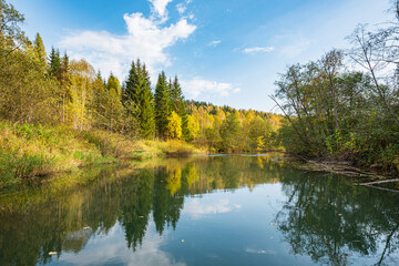 Fototapeta na wymiar Autumn forest trees are reflected in the river water of the panoramic landscape. Blue sky with clouds.