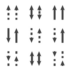 Direction arrows icons set. Straight and dashed arrows in the same and different directions. Simple linear image. Isolated vector on white background.