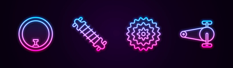 Set line Bicycle wheel, suspension, cassette and chain with gear. Glowing neon icon. Vector.