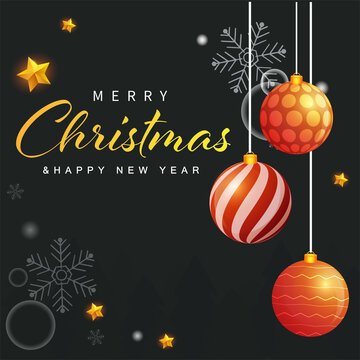 Holiday Christmas illustration with decorations balls, stars, snowflakes on black background. Chritmas template for banner, ticket, leaflet, card, invitation, poster 