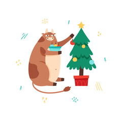The male cow and bull decorates the Christmas tree with toys. Animal holidays cartoon character. Vector