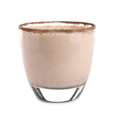 Delicious Christmas liqueur in glass on white background