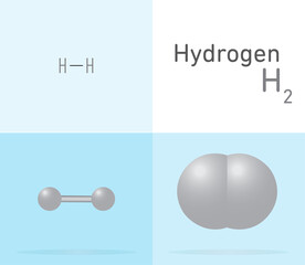 Hydrogen (H2) gas molecule. Two 
different molecule model and chemical formula. Ball, stick and Space filling model. Structural Chemical Formula and Molecule Model. Chemistry Education