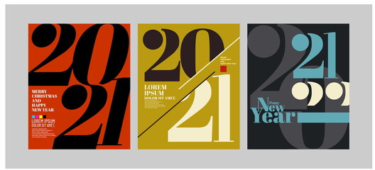 2021 Colorful set of Happy New Year posters. Abstract design with typography style. Vector logo 2021 for celebration and season decoration, backgrounds for branding, banner, cover, card and more.