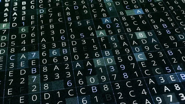 Changing numbers in digital space. Animation. Selection of changing numbers in sequence for computer code. Computer coding with multiple numbers and letters