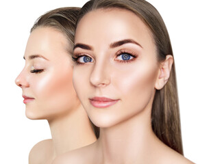 Collage of young woman with perfect makeup and skin. Over white background.