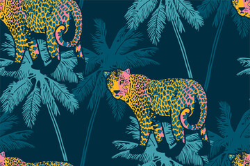 Tropical seamless pattern with palm trees and leopard. © our_Vector