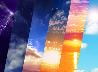 Photos of sky in collage. Different weather - obrazy, fototapety, plakaty