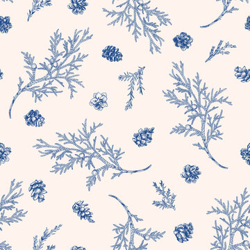 Seamless Blue Floral Winter Pattern.