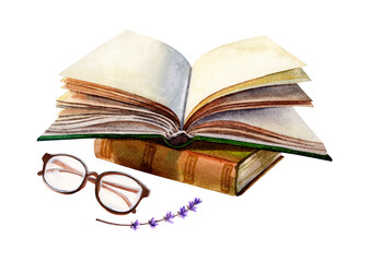 Open book, glasses and lavender. Watercolor illustration for greeting cards, invitations, knowledge day