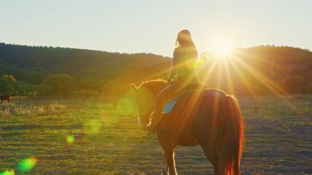 A woman rides a horse at sunset. A woman astride the horse slowly moves across the field with hills. Sun rays and glares