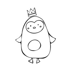 Isolated vector black and white illustration cute design with cartoon penguin with crown