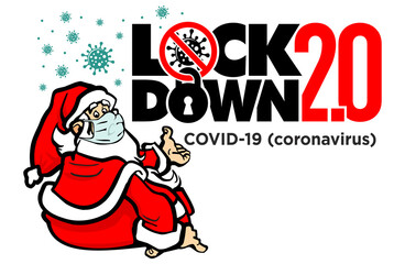 Santa Claus wear face mask sits surrounded by coronavirus bacteria and points to lockdown 2.0. Christmas quarantine vector