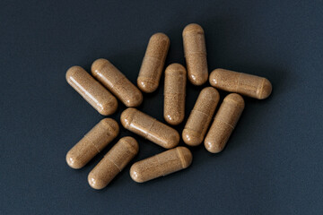 close-up of ginkgo biloba extract pills. dietary concept. dietary supplement topview.