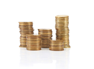 Savings. Investment concept with golden coins. Isolated on white background