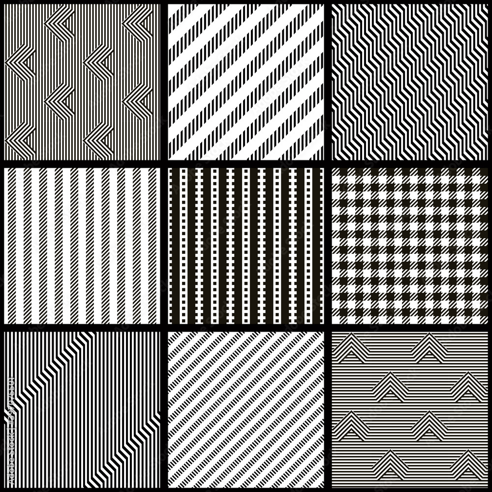 Poster Set of 9 tiles Azulejos in black and white. Collection striped patterns. Seamless patchwork tile with geometric design. Ceramic tile in talavera style. Vector