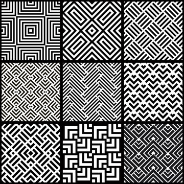 Set of 9 tiles Azulejos in black and white. Original traditional Portuguese and Spain decor. Seamless patchwork tile with geometric design. Ceramic tile in talavera style. Vector