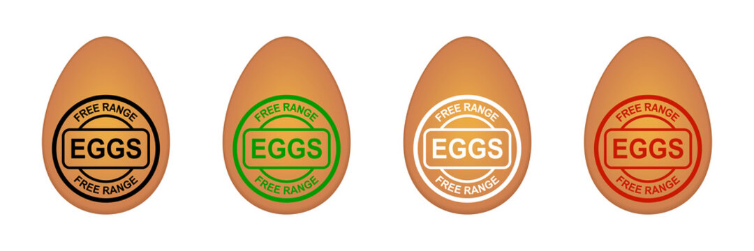 Free Range Eggs Logo. 3d Brown Egg With Stamp On It. Farm Fresh Product From Happy Chicken. Label. Sticker