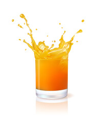 Glass cup with splashes of orange juice. Illustration