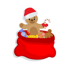 Adorable Teddy Bear wearing Christmas hat inside of open gift bag with candy, gingerbread man, lollipops. Vector illustration isolated on white