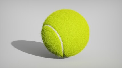 Bright green tennis ball on white background with long shadow