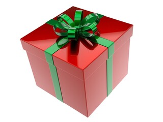 Shiny red Christmas gift box wrapped with green ribbon