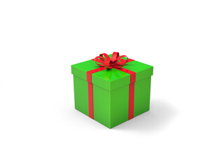 Bright green gift box with red ribbon - isolated on white background