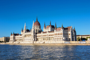 Fototapeta na wymiar Hungarian National Parliament Building on the bank of the Danube river in Budapest, capital of Hungary. Hungarian landmark and a popular tourist destination in Budapest. Designed in neo-Gothic style