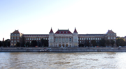 Fototapeta premium Technical university (Muszaki Egyetem) on the bank of Danube river in Budapest, capital of Hungary. It is the largest polytechnic institute in Hungary