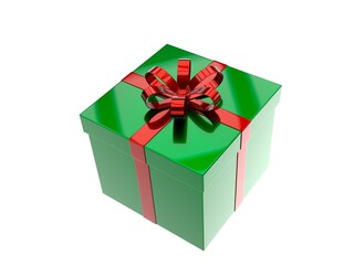 Shiny green gift box with bright red ribbon