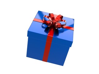 Shiny blue gift box with bright red ribbon