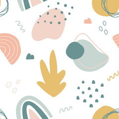 Abstract seamless pattern with hand drawn botanical and geometric shapes. Pastel natural colors.