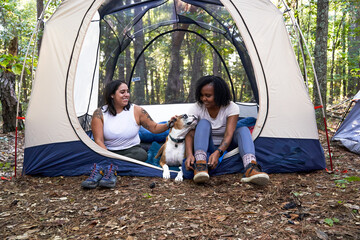 Diverse female friends camping in tent in the woods