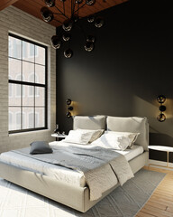Sunny Bedroom Contemporary Modern Exposed Brick Cozy Stylish Interior Design Blank Empty Wall Copy Space