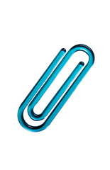 Blue paper clip against white background