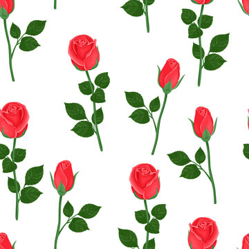 Red rose flowers with green stems and leaves seamless pattern. Vector floral background. Cartoon flat style.