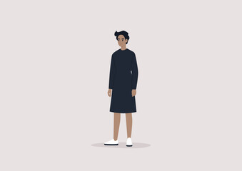 A full length illustration of a female character wearing a short haircut, simple black dress style