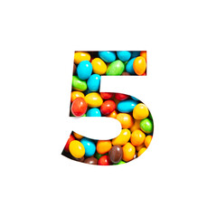 Number five of colourful candies and paper cut in shape of fifth numeral isolated on white. Typeface for kids design