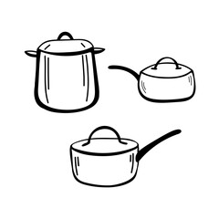 Set of Vector sketch hand drawn illustration of doodle pan kitchenware.