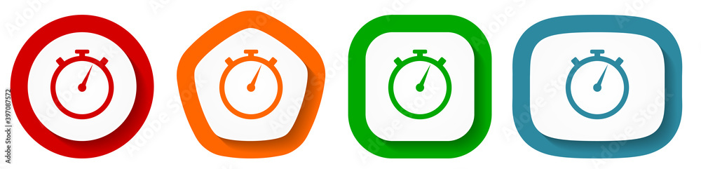 Poster stopwatch vector icon set, flat design vector illustration in 4 colors options for webdesign and mobile applications