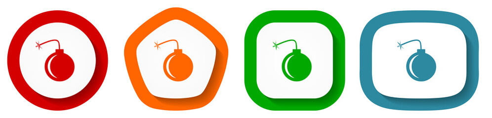 Obraz premium Bomb vector icon set, flat design vector illustration in 4 colors options for webdesign and mobile applications