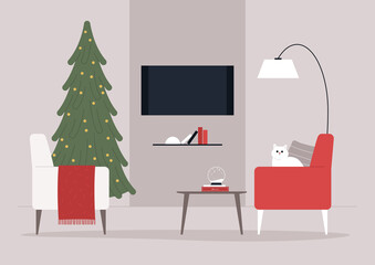 A living room Christmas interior design, a Xmas tree, and armchairs, winter holidays