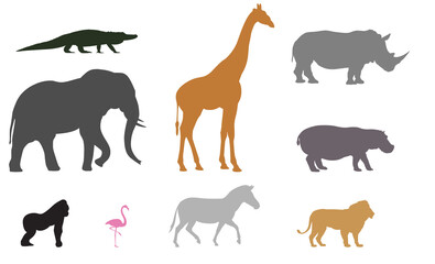 African Animal Silhouettes | Isolated Safari Animals Drawn to Scale | Exotic Wildlife | Vector Zoo Animal Icons | Alligator, Elephant, Giraffe, Rhino, Hippo, Lion, Flamingo, Gorilla and Zebra Outlines