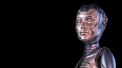 Fototapeta na wymiar Detailed futuristic robot woman or metallic humanoid cyborg looking left. Upper body isolated on black background with free copy space for text. 3d render