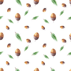 Seamless pattern with hand-drawn watercolor acorn and spruce branch on white background. Texture for wrapping paper, decor, fabric. © NinaBrai