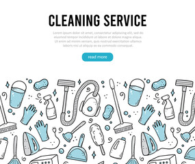 Hand drawn design template of cleaning equipments, sponge, vacuum, spray, broom, bucket. Doodle sketch style. Clean element drawn by digital brush-pen. Illustration for icon, frame, background, banner