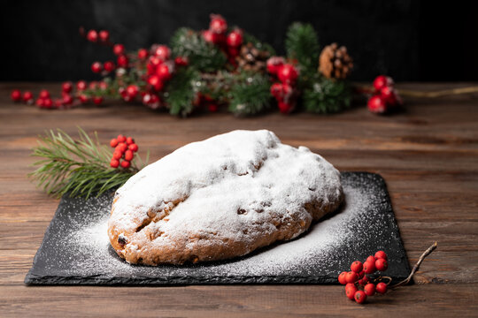 Christmas baking. Christmas stollen with fruit and nuts, Christmas stollen. 