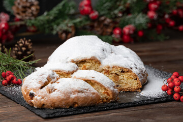Fototapeta na wymiar Christmas baking. Christmas stollen with fruit and nuts, Christmas stollen 