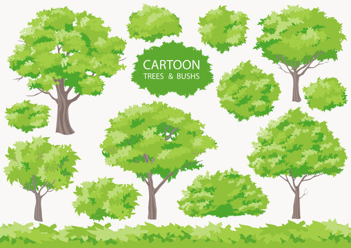 Cartoon trees and bushs. Big set difference shape tree. Grass on white background. Collection isolated crown of the tree. Vector illustration tree for game design or landscape nature in park.