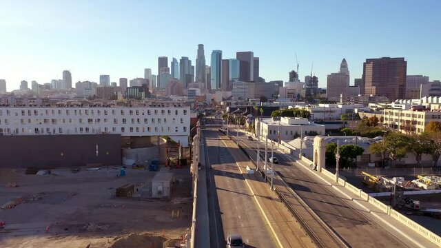 Aerial view of downtown Los Angeles from the LA River bridge and Union Station area.